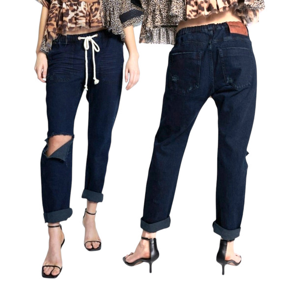 One Teaspoon S Shabbies Drawstring Boyfriend Denim Jean Women Destroyed Dark NEW - Picture 1 of 14